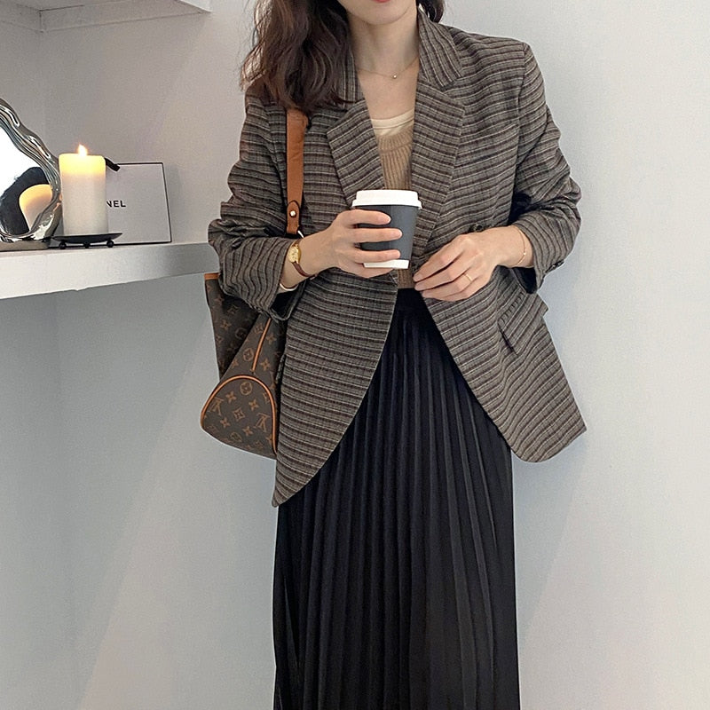 [Korean Style] High Quality Single Breasted Cropped Plaid Blazer