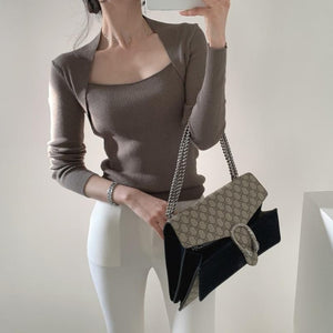 [Korean Style] Taupe Black Square Collar Slim Fit Rib Knit Top