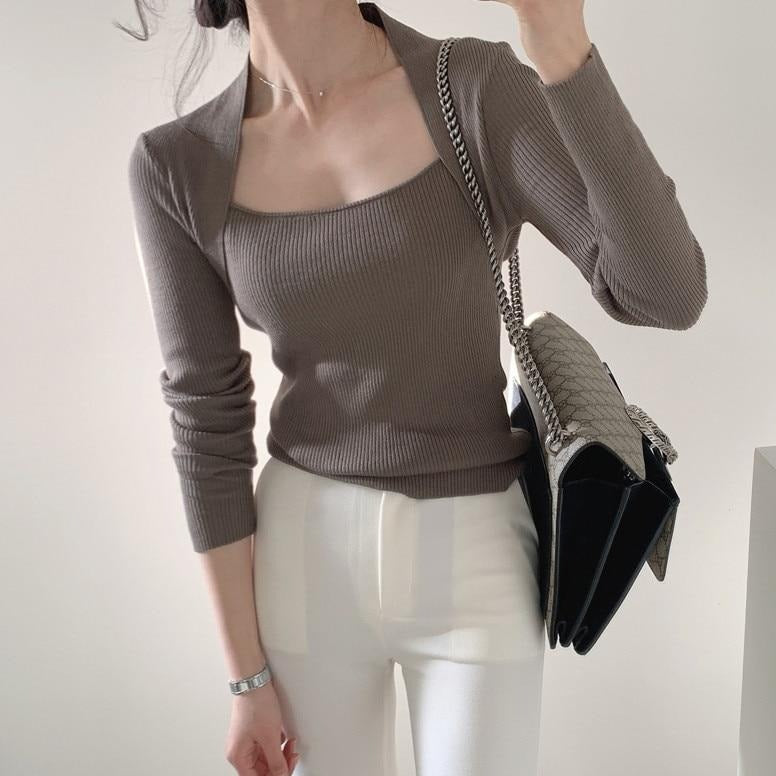 [Korean Style] Taupe Black Square Collar Slim Fit Rib Knit Top