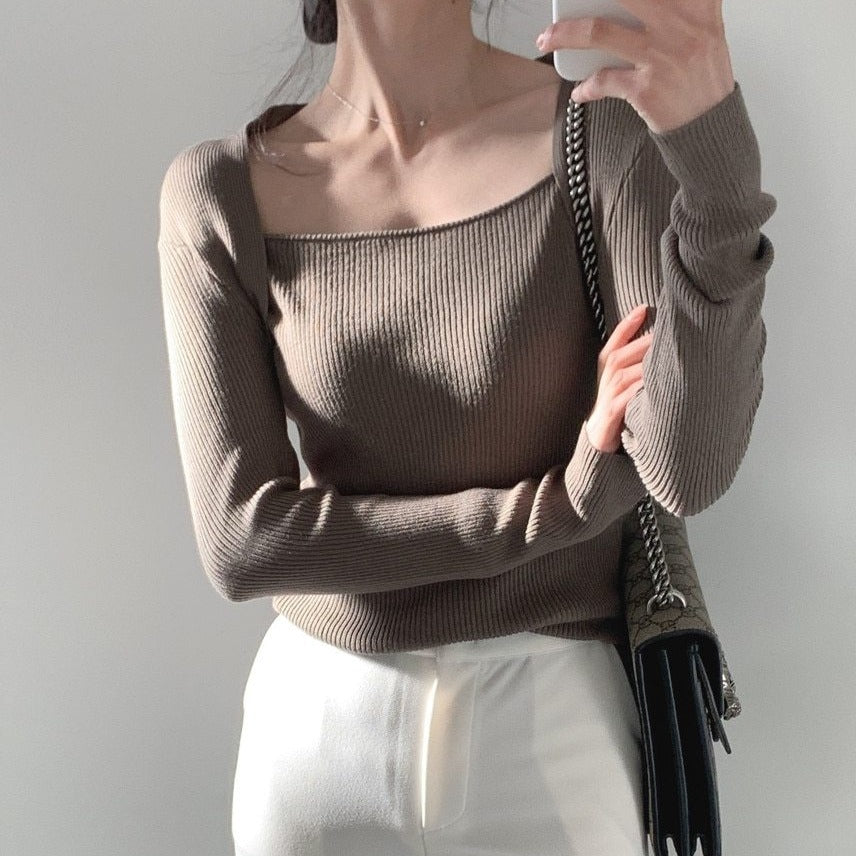 [Korean Style] Taupe Black Square Collar Slim Fit Rib Knit Top