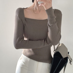 [Korean Style] Taupe Black Square Collar Slim Fit Rib Knit Top