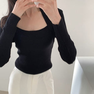 [Korean Style] Taupe Black Square Collar Slim Fit Rib Knit Top