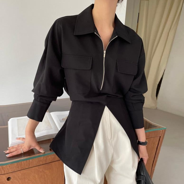 [Korean Style] Dropped Shoulder Drawstring Zip up Shirts with Pockets