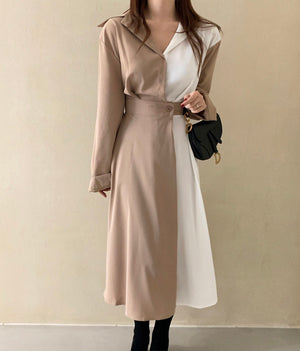 [Korean Style] Color Patch Long Sleeve Belted Shirt Dress