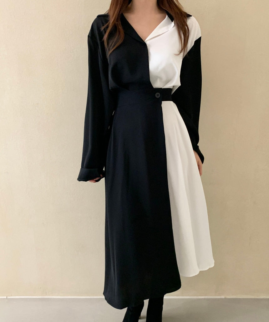 [Korean Style] Color Patch Long Sleeve Belted Shirt Dress