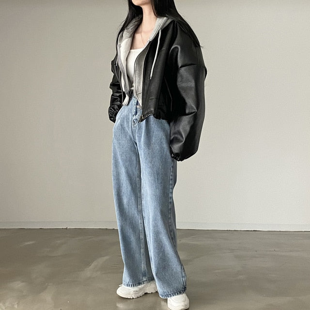 [Korean Style] Faux Leather Dropped Shoulder Zipper Jacket w/ Cinched Waist