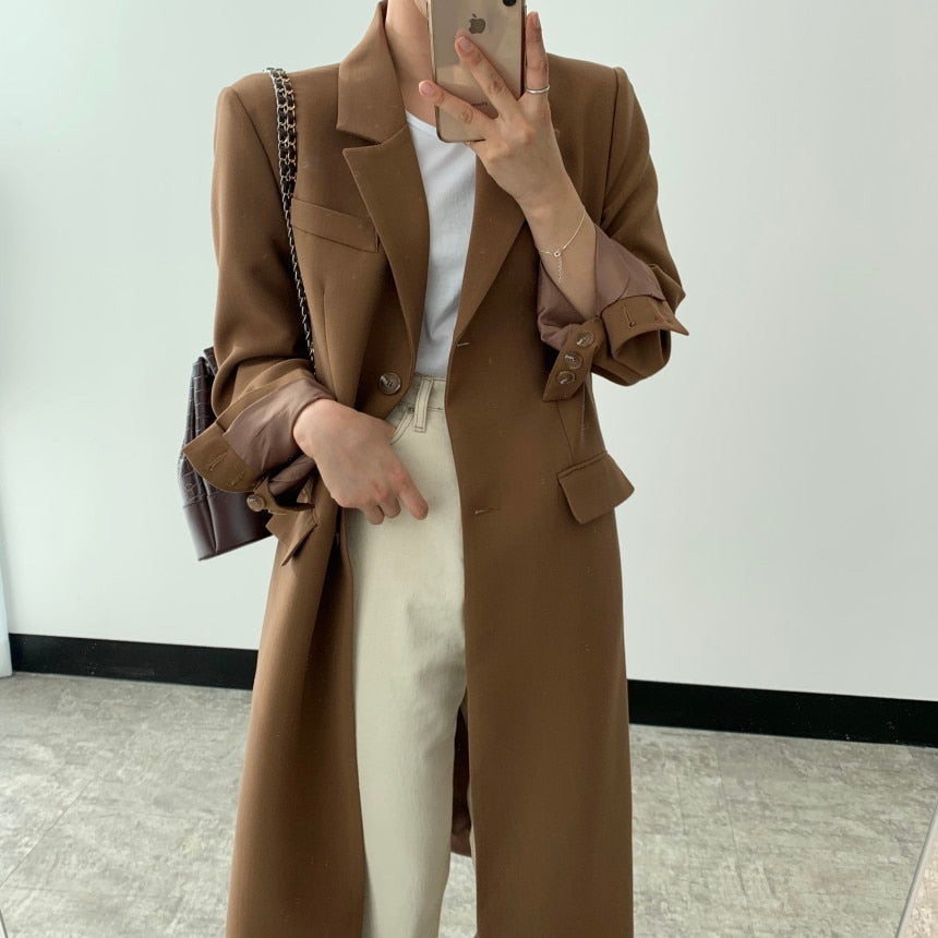 Juebong Women Winter Long Coat Trendy Lapel Collar Single Breasted Jacket  Outwear Casual Long Sleeve Suit Blazer Fall Camel Midi-Long Work Daily Wear