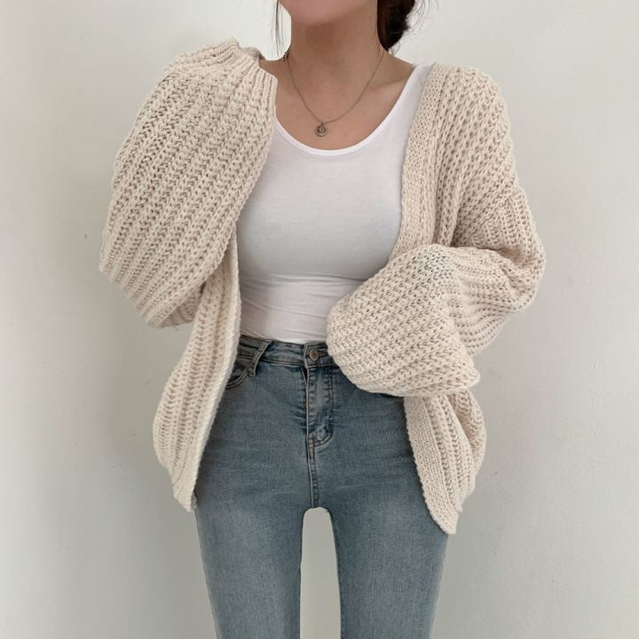 [Korean Style] 4 Colors Chunky Sweater Cardigan with Puffy Sleeves