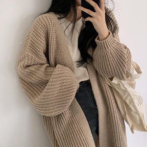 [Korean Style] Solid Color Loose Fit  Long Cardigan w/ Lantern Sleeves