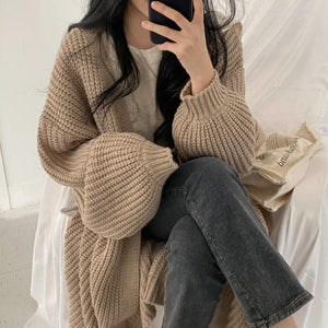 [Korean Style] Solid Color Loose Fit  Long Cardigan w/ Lantern Sleeves
