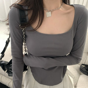 [ Korean Style] 2 Colors Slim Fit U-Neck Long Sleeve Tee