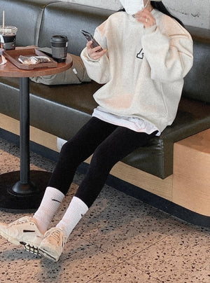 [Korean Style] Korean Style Heather Gray Shearling Letter A Loose Fit Sweatshirt with brushed lining