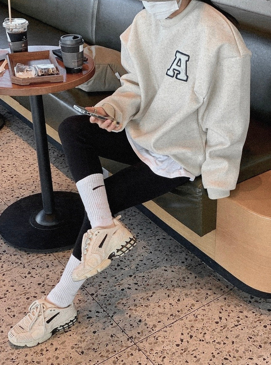 [Korean Style] Korean Style Heather Gray Shearling Letter A Loose Fit Sweatshirt with brushed lining