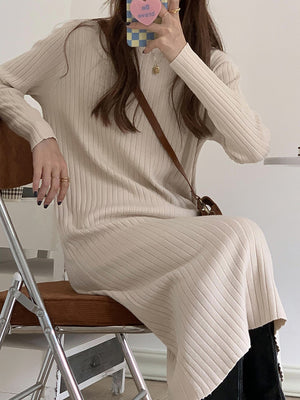 [Korean Style] Mock Neck Rib Knit Midi Knit Dress