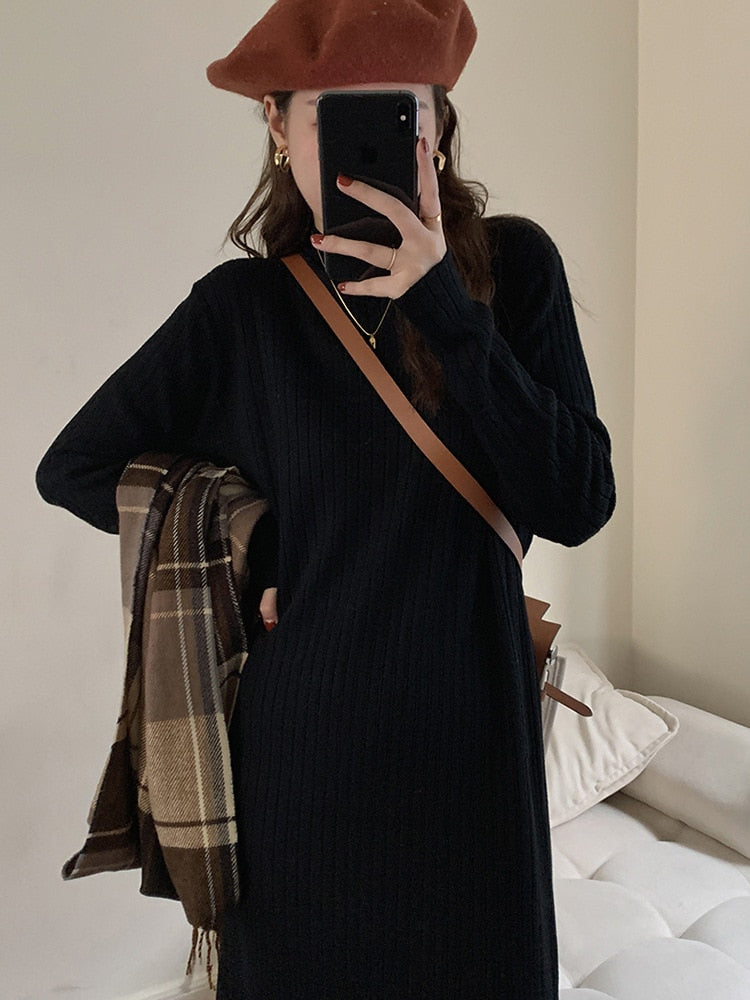 [Korean Style] Mock Neck Rib Knit Midi Knit Dress