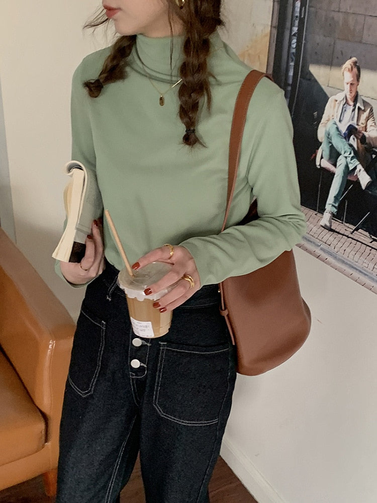 [Korean Style] Solid Color Mock Neck Long Sleeve T-shirt