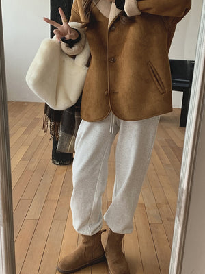 [Korean Style] Suede Shearling Sherpa Jacket w/ Shawl Collars