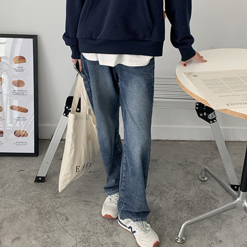[Korean Style] High Waist Full Length Straight Wide Leg Jeans