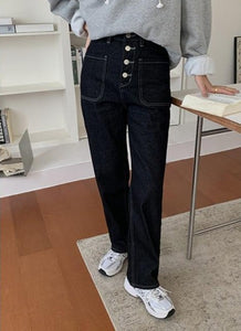 [Korean Style] Black High Waist Button-up Wide Leg Jeans