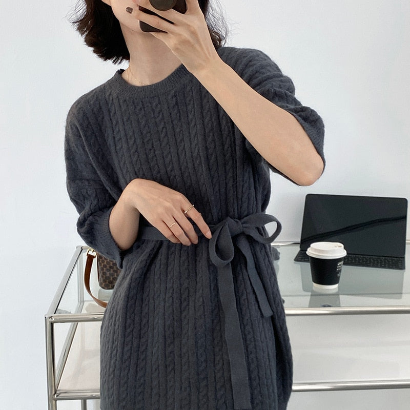 [Korean Style] Crew Neck Twist Belted Pullover Sweater w/ Gloves 2 pc set