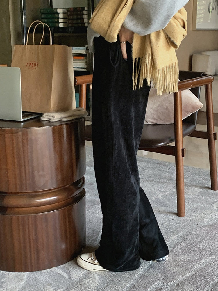 [Korean Style] High Waist Black Velvet Cinched Waist Wide Leg Pants