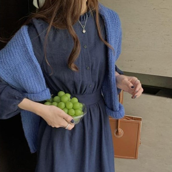 [Korean Style] O-Neck Lettuce Collared Long-Sleeved A Line Midi Dress