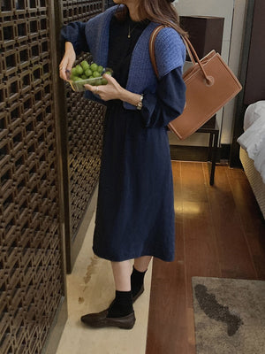 [Korean Style] O-Neck Lettuce Collared Long-Sleeved A Line Midi Dress