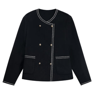 [Korean Style] 2 Colors O-Neck Double Breasted Collarless Coat Jacket W/ Piping