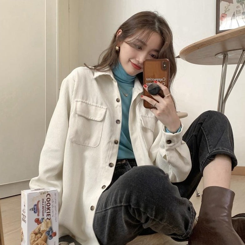 [Korean Style] Vintage Loose Fit Corduroy Shirt Jacket w/ Pockets