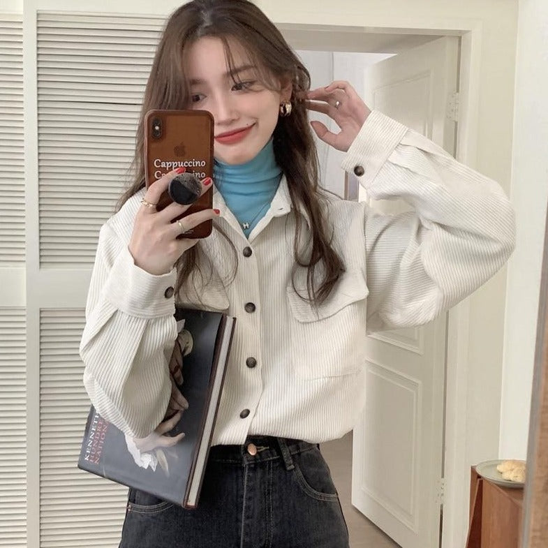 [Korean Style] Vintage Loose Fit Corduroy Shirt Jacket w/ Pockets