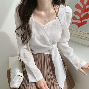 [Korean Style] Sweetheart Neck Knot Blouse w/ Puff Sleeves