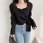 [Korean Style] Sweetheart Neck Knot Blouse w/ Puff Sleeves