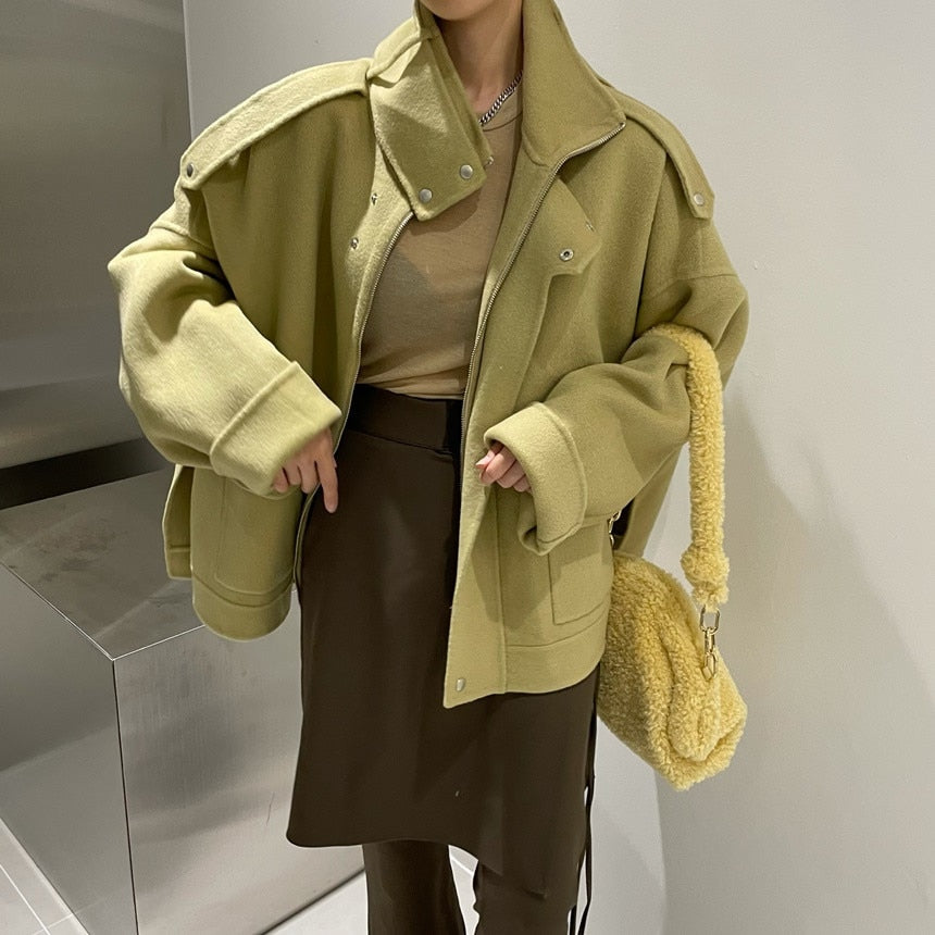 [Korean Style] Solid Color Stand Collar Zipper Cropped Coat Jacket