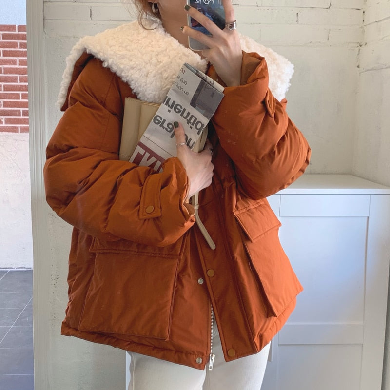 [Korean Style] Faux Fur Collared Puffer Jacket Cropped Parka
