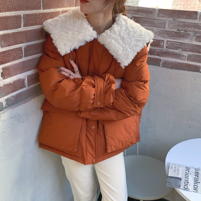 [Korean Style] Faux Fur Collared Puffer Jacket Cropped Parka