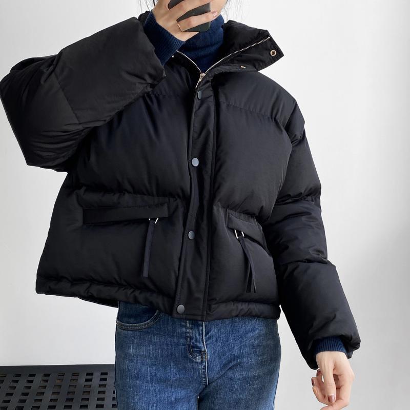 [Korean Style] Stand Collar Cinched Waist Cropped Parka Puffer Jacket