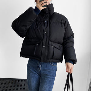 [Korean Style] Stand Collar Cinched Waist Cropped Parka Puffer Jacket