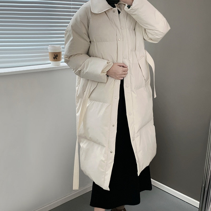 [korean Style] Black White Belted Long Parka Puffer Jacket