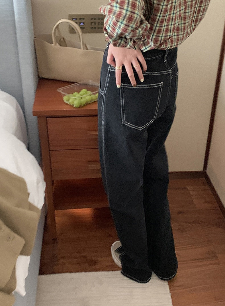[Korean Style] Asymmetrical Crisscross Waist Band Wide Leg Black Jeans w/ Slit