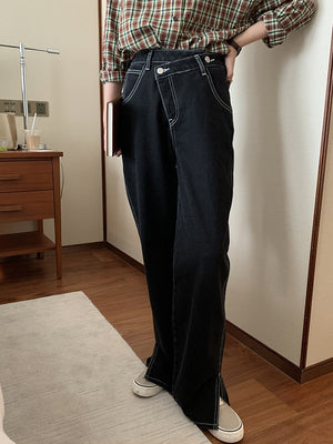 [Korean Style] Asymmetrical Crisscross Waist Band Wide Leg Black Jeans w/ Slit