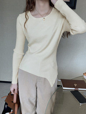 [Korean Style] 4 Colors Round Neck Asymmetrical Rib Knit Top