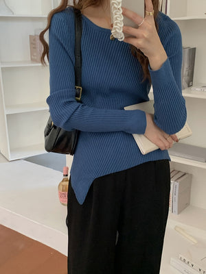 [Korean Style] 4 Colors Round Neck Asymmetrical Rib Knit Top