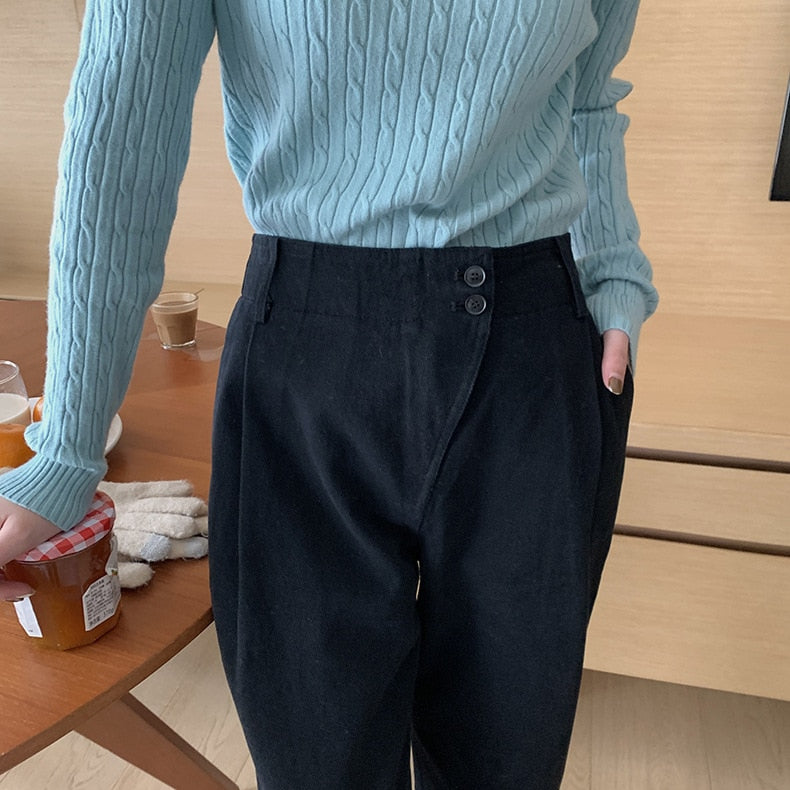 [Korean style] Loose Fit Trousers w/ Asymmetrical Waist Band