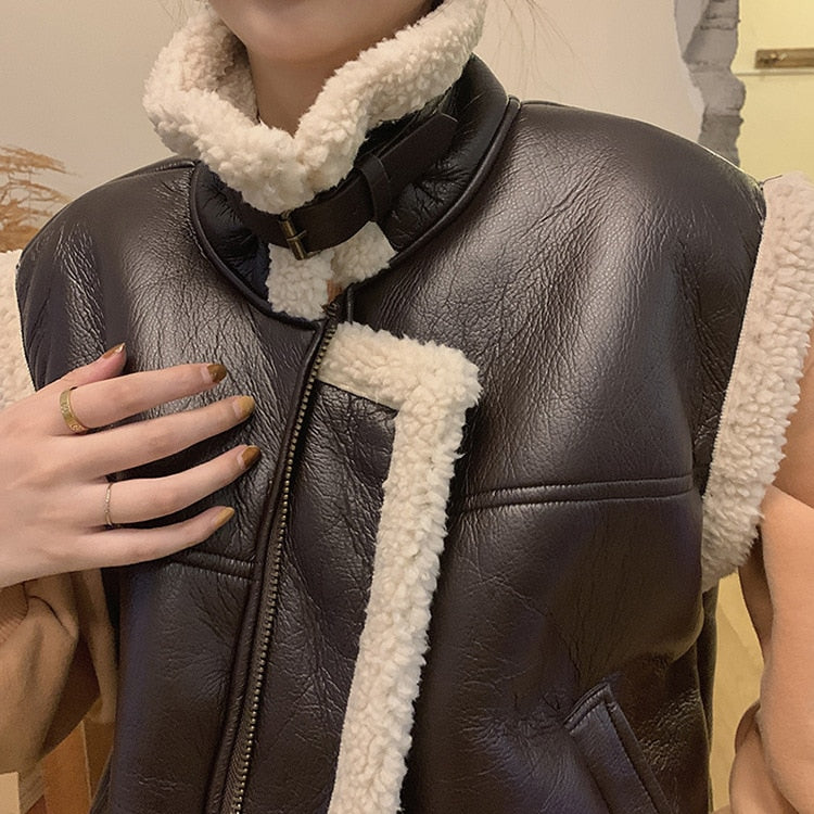 [Korean Style] Vegan Leather Shearling Sherpa-Lined Jacket Vest