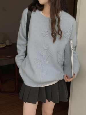 [Korean Style] 2 Colors Loose Fit Flower Crochet Sweater