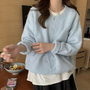 [Korean Style] 2 Colors Loose Fit Flower Crochet Sweater
