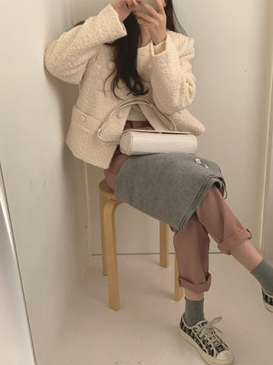 [Korean Style] Solid Color Collarless Shearling Faux Fur Jacket