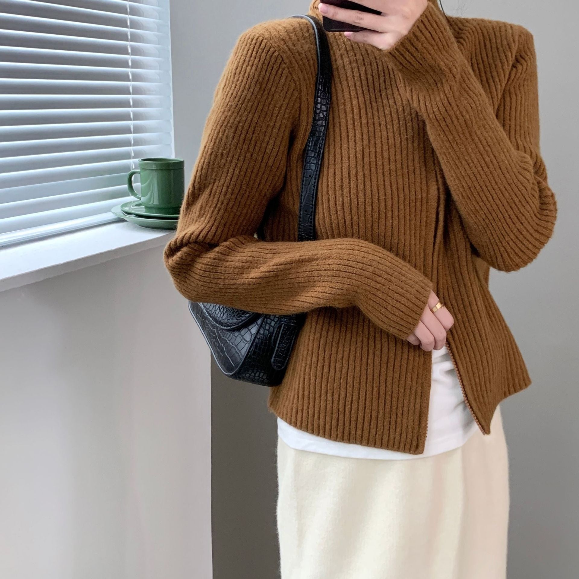 [Korean Style] 4 Colors Turtleneck Collared Zipper Knit Top Jacket