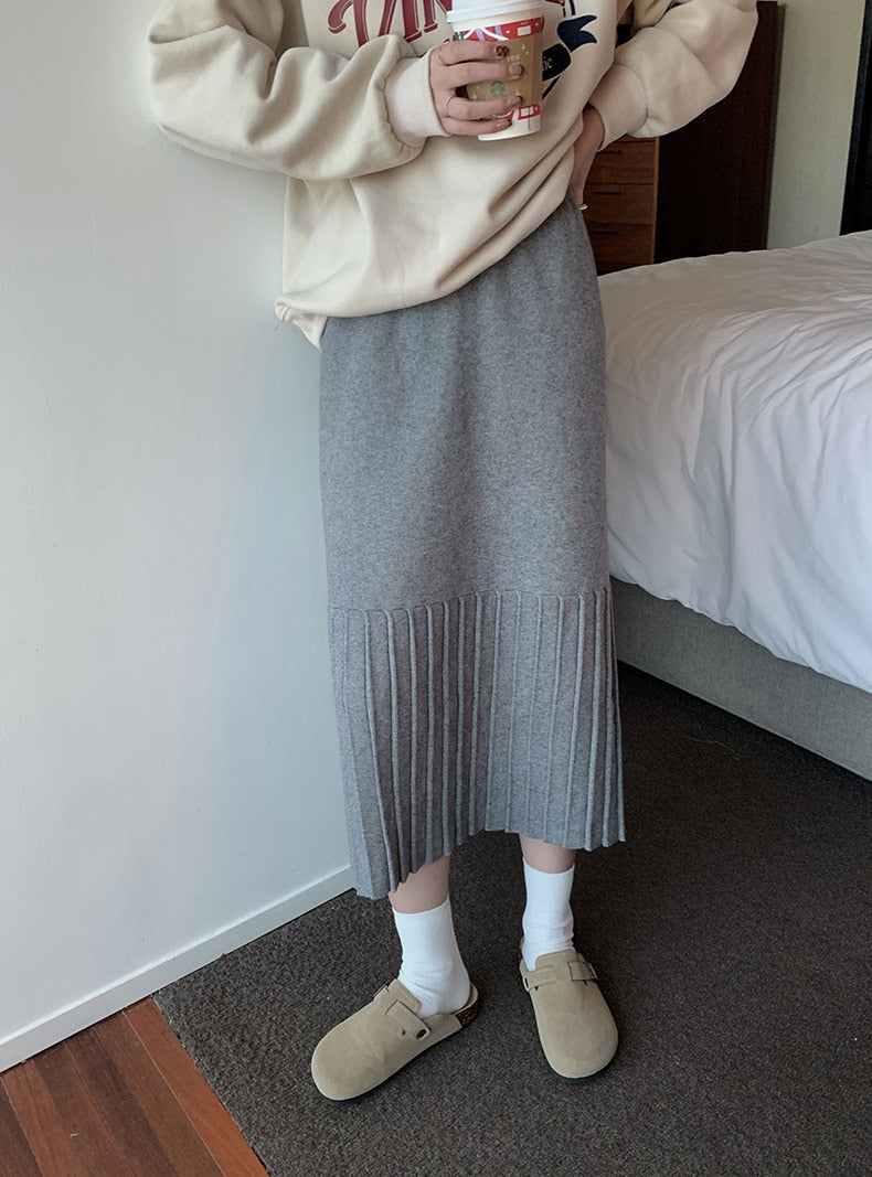 [Korean Style] High Waist Solid Color Pleated Knit Skirt