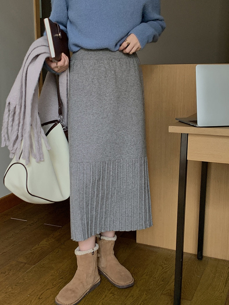 [Korean Style] High Waist Solid Color Pleated Knit Skirt